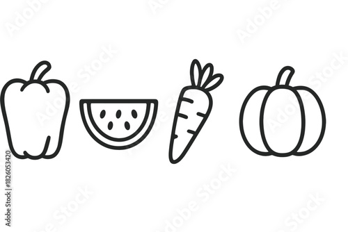 A comprehensive collection of outline icons set featuring various healthy fruits and vegetables like bell pepper, watermelon, carrot
