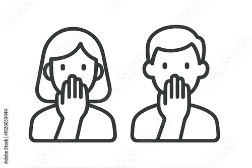 Man and woman covering mouths with hands symbolizing silence, secret, or shock