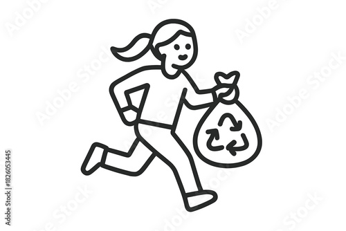 Woman running quickly while carrying a large recycling bag for waste disposal and environmental cleanup