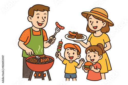Happy family grilling food together at a summer outdoor barbecue party