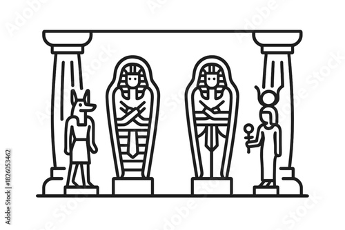 Egyptian sarcophagi flanked by Anubis and a goddess under temple columns
