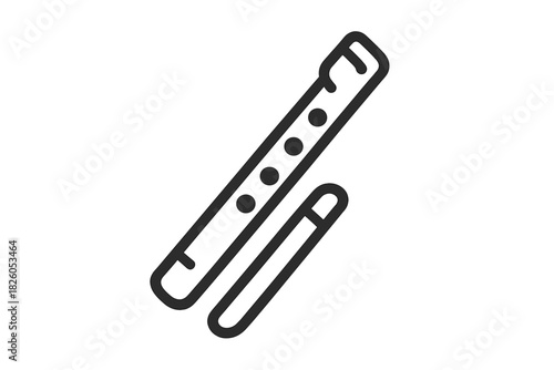 Minimalist outline of a woodwind musical instrument, a recorder or flute, with an accessory piece