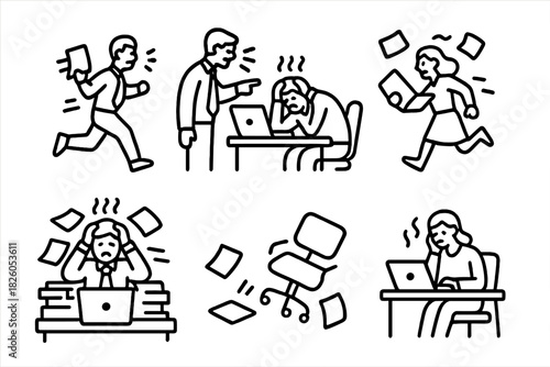 Line icons depicting stressful situations, pressure, and burnout in a corporate environment