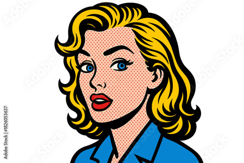 Beautiful blonde woman portrait in classic retro Pop Art comic style with halftone dots