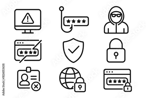 Outline symbols representing cybersecurity, hacking, phishing, password, and data protection concepts