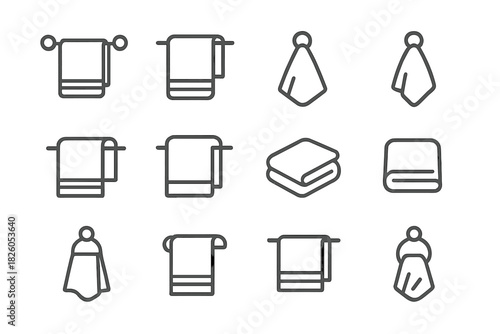 Set of minimalist outline icons showing folded and hanging bath towels and hand cloths