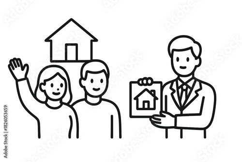 Real estate agent presenting property documents to couple buying new house