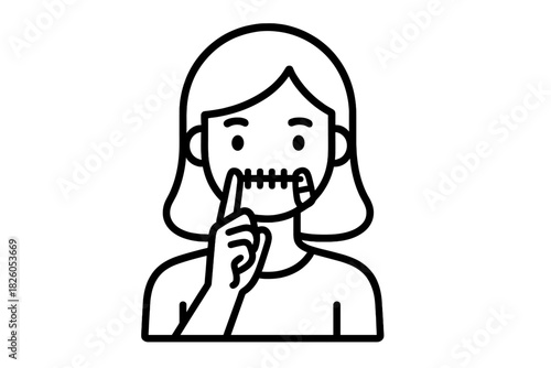 Woman making shush gesture with zipped mouth symbolizing silence and secrecy