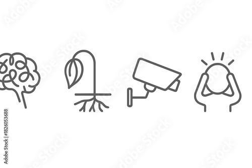 Brain, wilting plant, security camera, and stress symbols depicting modern life issues