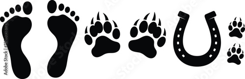 Black Silhouette Vector Set of Human Footprints, Bear Paw Prints, and Horseshoe, Symbolizing Journey, Trace, Adventure, Luck, Tracking, and Nature Exploration.