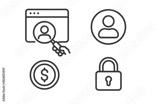 Essential outline graphics for business, security, user profile, finance, and data protection