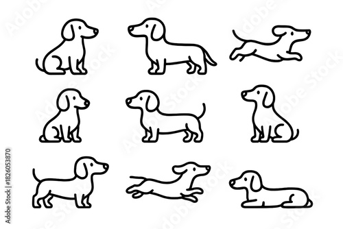 Minimalist outline icons set featuring cute dachshund dogs in various poses and actions like sitting, standing, and running