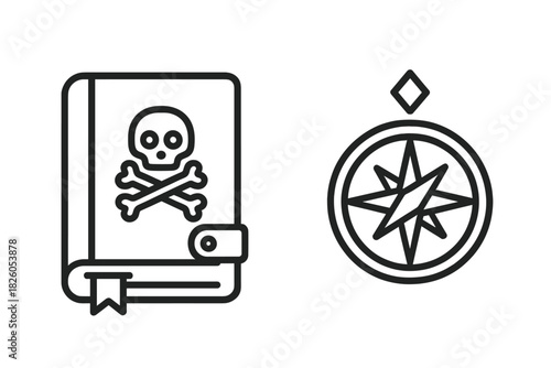 Black outline icons of a pirate book with skull and crossbones and a navigational compass rose