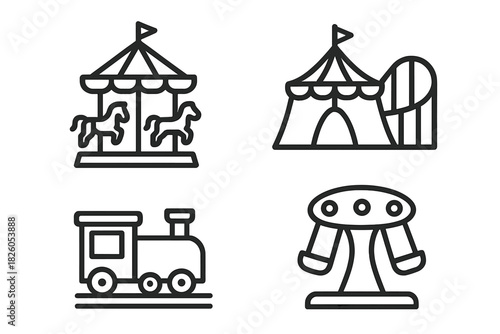 Collection of amusement park and carnival rides including merry-go-round, big top, and locomotive