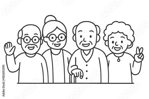Diverse group portrait of four smiling senior citizens posing happily together