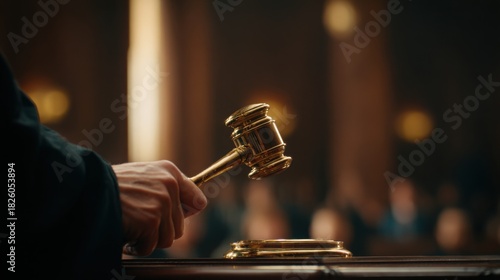 Wallpaper Mural Close up portrait of a judge s hand holding a golden gavel, blurred courtroom background, warm cinematic lighting, realistic textures, central focus Torontodigital.ca
