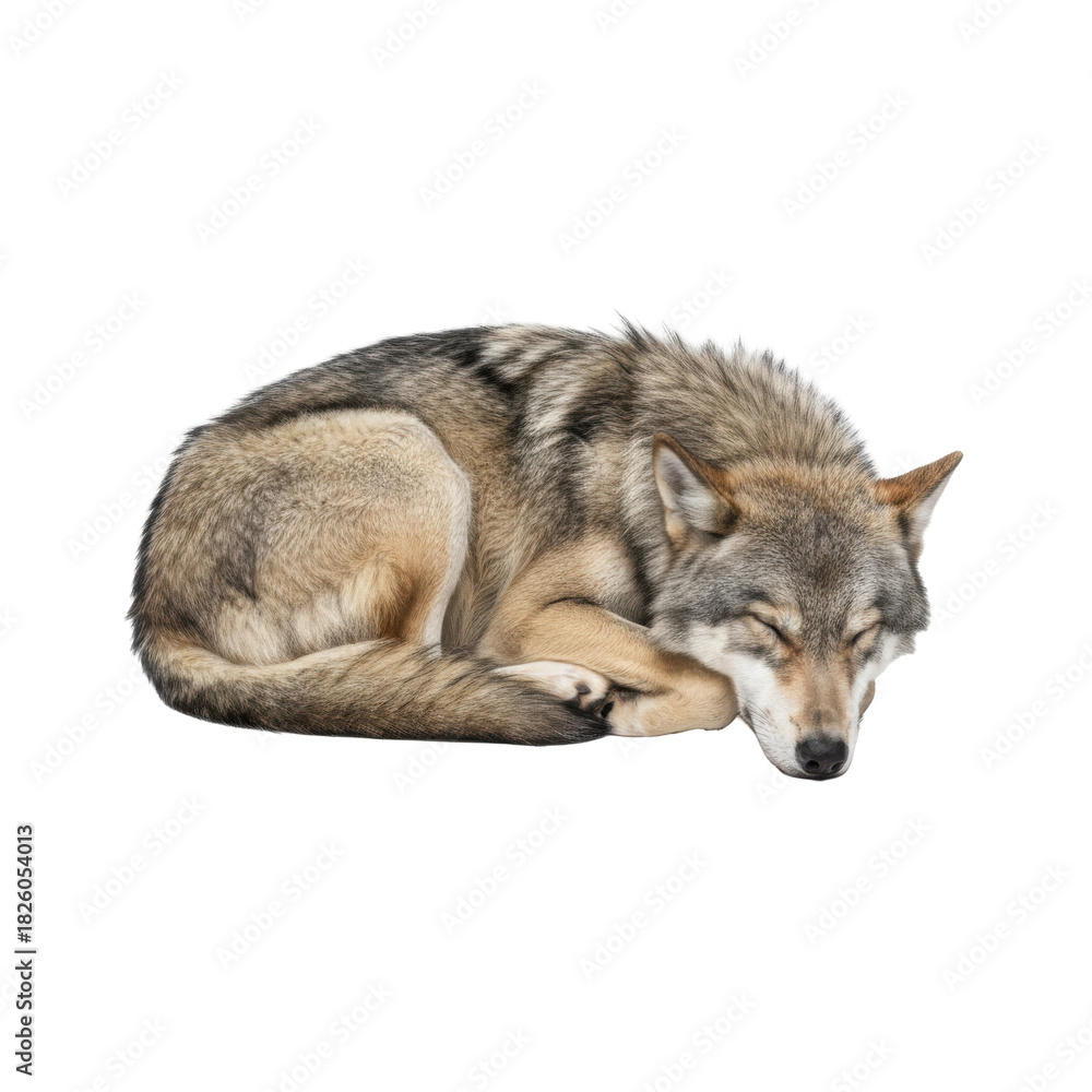 Fototapeta premium A tranquil wolf peacefully sleeping curled up on a dark background serene wildlife