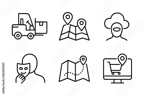 Set of line symbols for logistics, delivery tracking, location, and digital identity