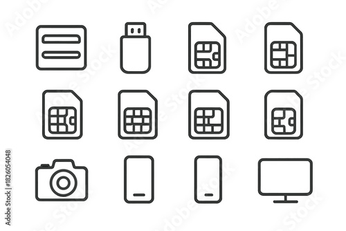 Outline symbols of digital devices, SIM cards, camera, smartphone, and monitor components