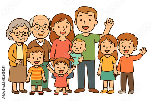 Happy multi-generational family portrait smiling and waving together on a white background