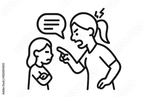 Angry mother scolding her sad daughter with aggressive shouting and pointing finger during a conflict