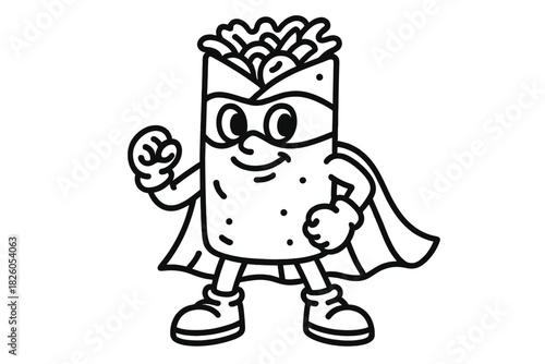 Funny burrito mascot character dressed as a superhero standing in a heroic pose