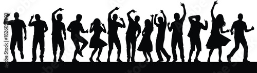 Black Silhouette Vector of a Diverse Crowd of People Dancing Together, Representing Celebration, Party, Music, Freedom, Fun, Nightlife, and Social Event Excitement.