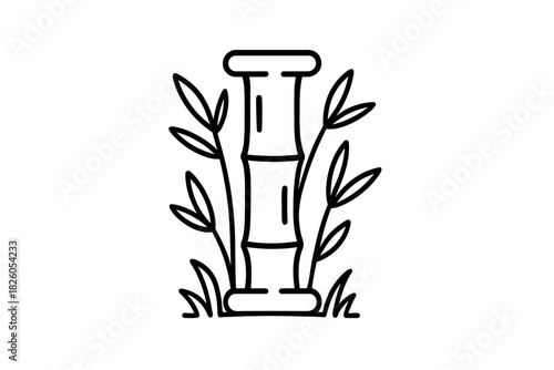 Segment of bamboo stalk with surrounding leaves and grass in simple monoline style