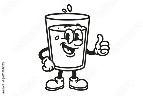 Vintage rubber hose style cartoon glass mascot giving a positive thumbs up