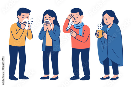 Group of people suffering from flu symptoms like sneezing, fever, and chills