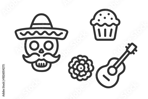 Traditional Mexican celebration symbols featuring calavera skull, sombrero, acoustic guitar, and marigold flower