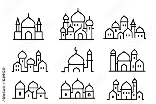 Minimalist line icons set of Islamic mosques and traditional Middle Eastern architecture with domes and minarets