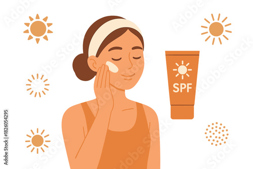 Female applying sunscreen cream to her cheek for daily sun protection routine
