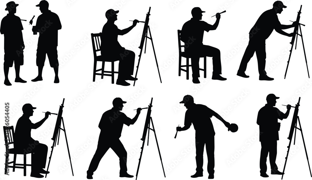 Obraz premium Black Silhouette Vector Set of Male Artists Painting on Easels, Representing Creativity, Art, Hobby, Education, Fine Arts, Talent, and Outdoor Leisure Activity.