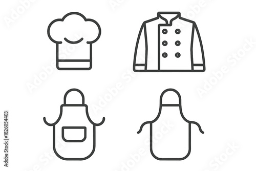 Essential cooking uniform set featuring chef hat, double-breasted jacket, and various apron designs