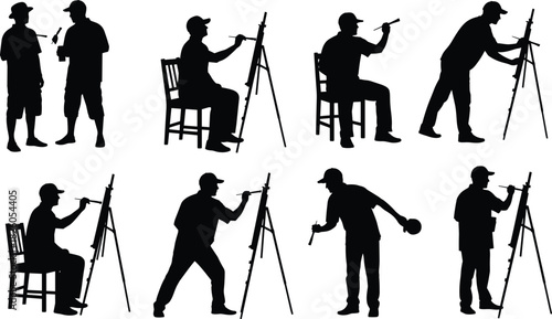 Black Silhouette Vector Set of Male Artists Painting on Easels, Representing Creativity, Art, Hobby, Education, Fine Arts, Talent, and Outdoor Leisure Activity.