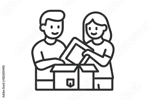 Man and woman packing an object into a cardboard shipping box for delivery