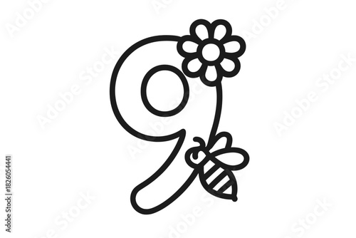 Nine decorated with a simple flower and a cute bee in clean outline style