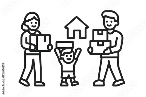 Family moving into a new house carrying cardboard boxes with their young child