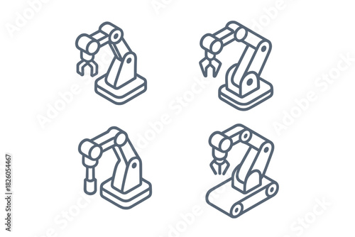 Isometric robotic arm icons set for industrial automation and manufacturing technology concepts