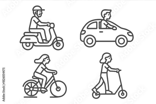 Collection of outline symbols for urban mobility: car, scooter, bicycle, kick scooter