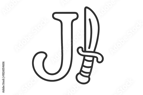 Black outline design element featuring the capital letter J and a curved pirate cutlass