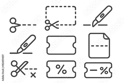 Coupon and discount symbols with cutting lines, scissors, and utility knife icons