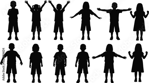 Black Silhouette Vector Set of Diverse Young Children in Various Poses: Boys and Girls Standing, Celebrating, Waving, and Playing, Representing Youth, Joy, and Freedom.