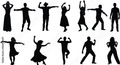 Black Silhouette Vector Set of Diverse People Dancing and Posing in Motion, Representing Energy, Celebration, Party, Rhythm, Music, Fun, and Active Lifestyle.