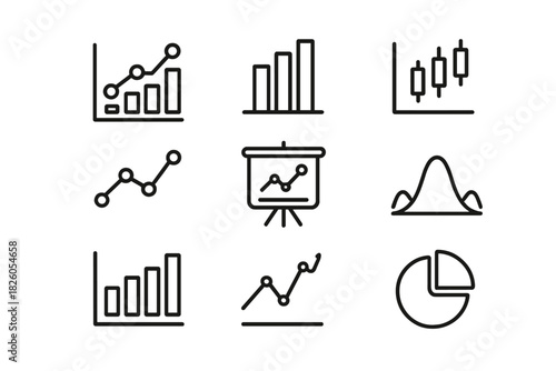 Outline icons for business analytics, financial reporting, statistical data visualization, and market trends