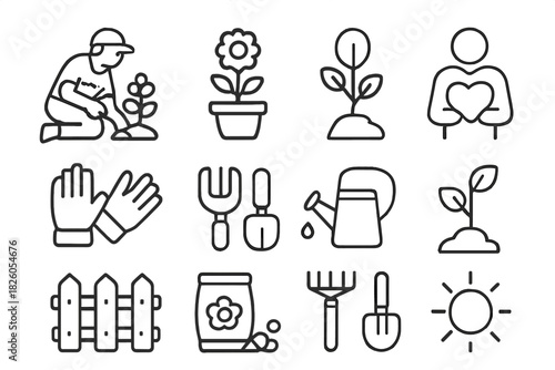 Set of essential gardening and planting symbols including tools, plants, fence, and sun