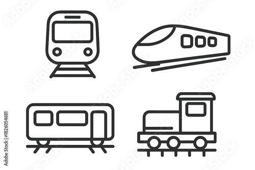 Modern and classic rail transport vehicles including high-speed train, subway, and locomotive