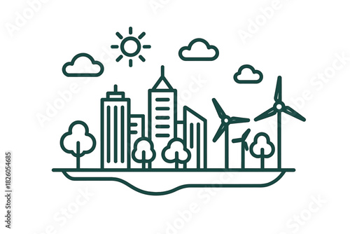Sustainable city skyline featuring wind turbines and renewable green energy infrastructure
