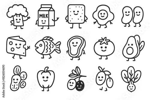 Set of happy food mascots in outline style for healthy eating and grocery concepts